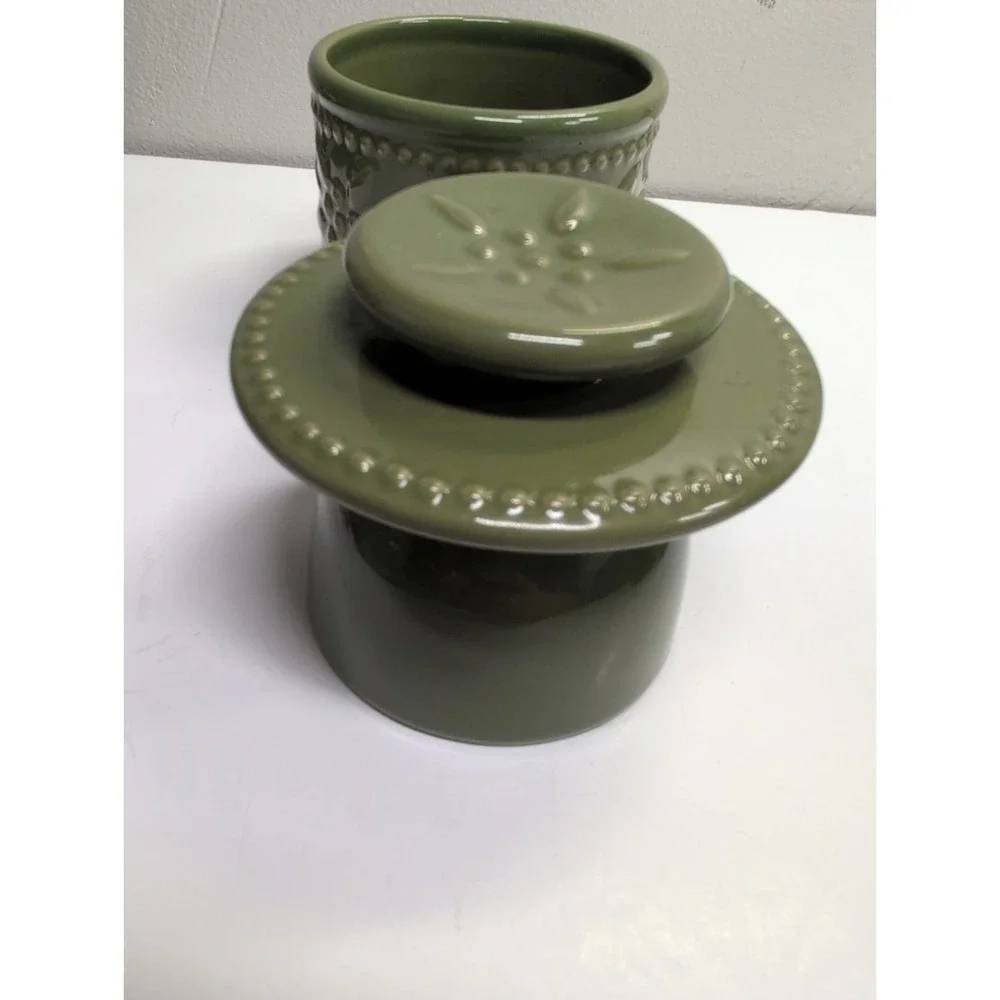 Temp-tations 16 oz Green Ceramic Butter Bell w/ Lid Floral Embossed Cylinder